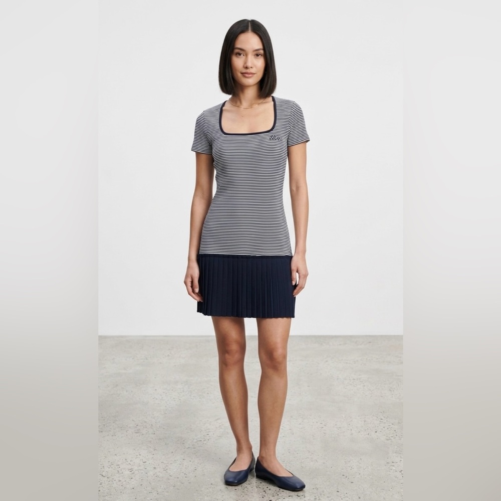 Karl Lagerfeld Paris Striped Square Neck Pleated skirt drop Waist Mini Dress